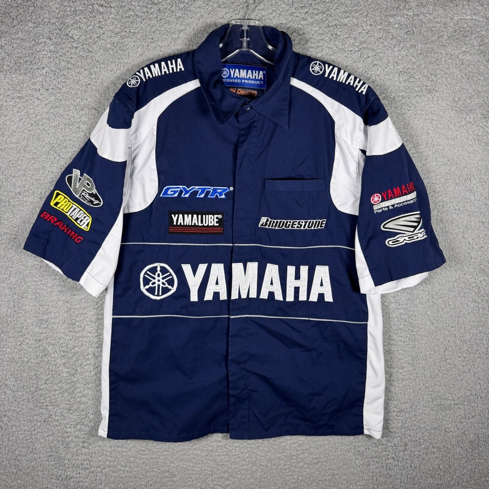 Yamaha Racing JH Design Pit Shirt Mens Medium Navy Blue Embroidered Sponsor Logo